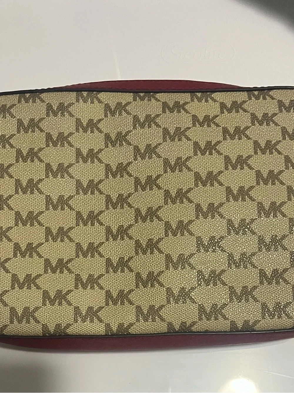 Michael Kors  Beige Monogram Crossbody with Burgundy Trim